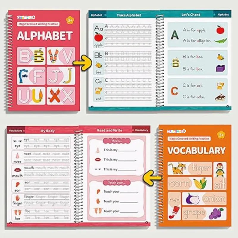 Kit de 6 Cuadernos Mágicos Reutilizables de Caligrafía y Escritura para Niños con Alfabeto Números Vocabulario Matemáticas y Dibujo foto 4