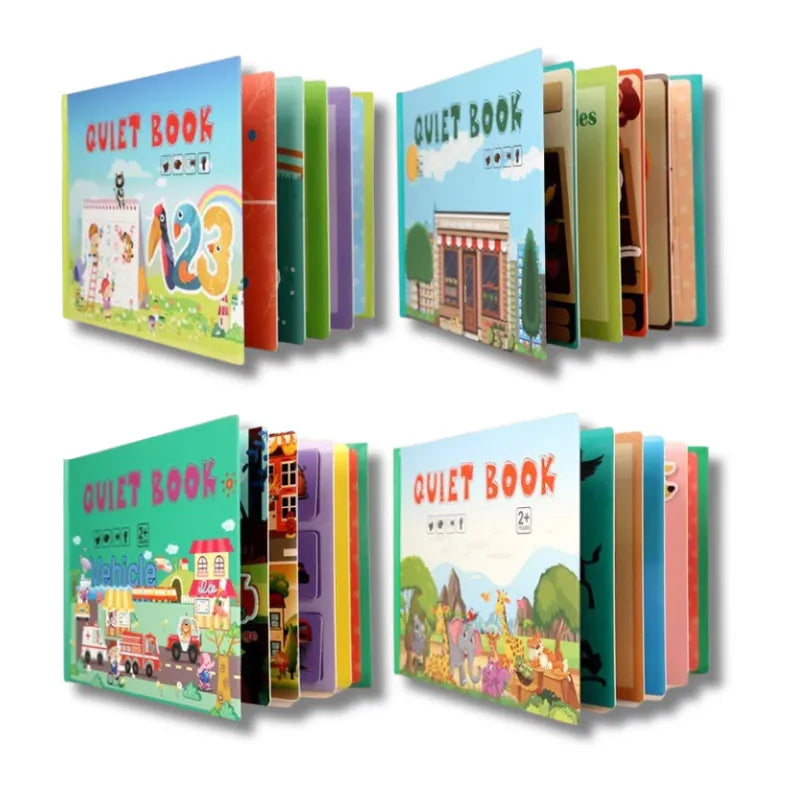 Kit de 4 Libros Didácticos de Cartón para Niños | Actividades Interactivas con Velcro | Estimulación Temprana y Habilidades Cognitivas (+2 Años) | CRIATIVAE