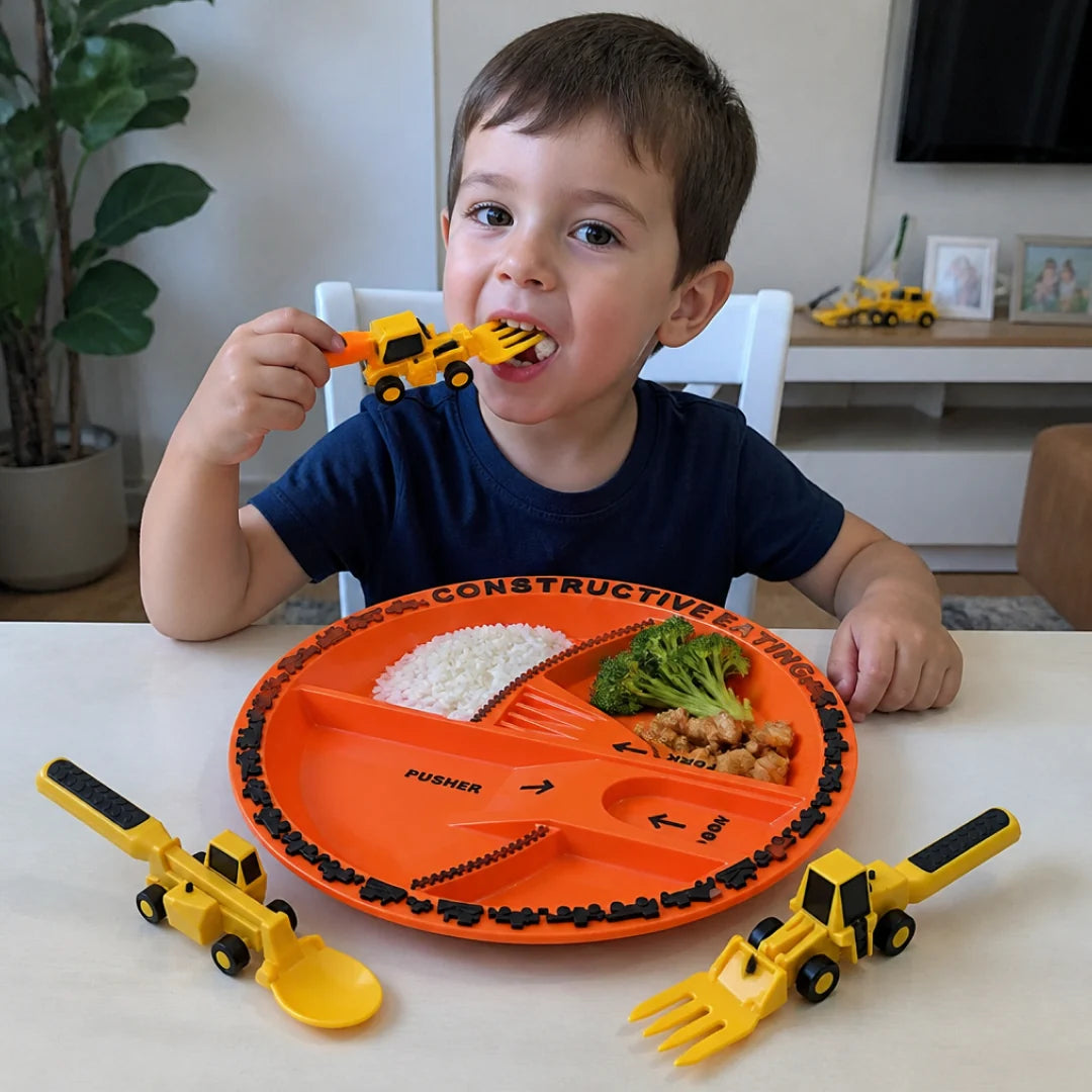 Cuchara Tractor Criativae - Plato y Cubiertos de Obra para Comer Solito
