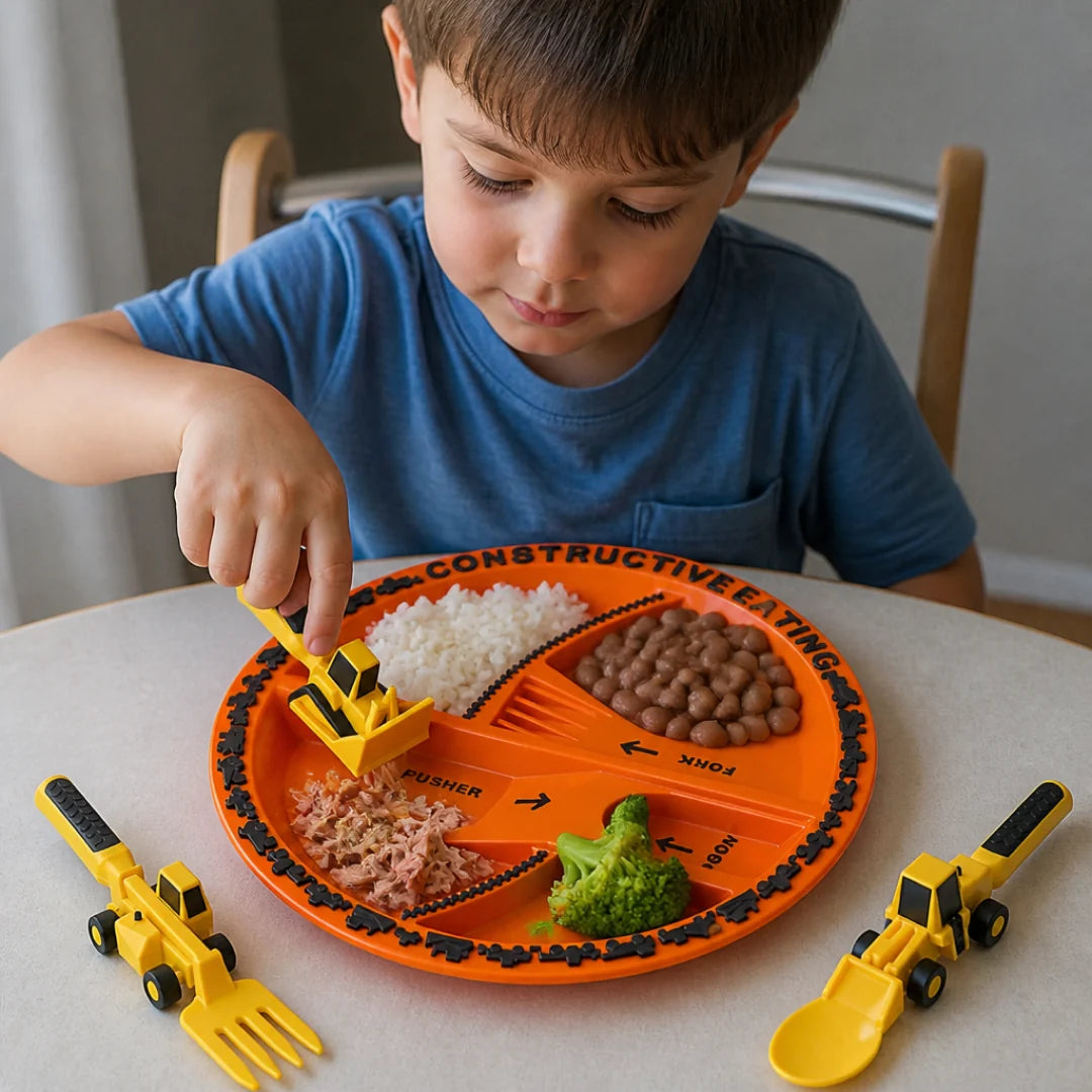 Cuchara Tractor Criativae - Plato y Cubiertos de Obra para Comer Solito