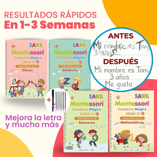 Kit de 4 Cuadernos Mágicos Reutilizables de Caligrafía para Niños con Alfabeto, Números, Matemáticas y Dibujo – Criativae