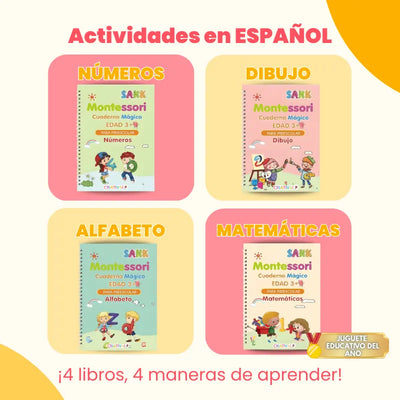 Kit de 4 Cuadernos Mágicos Reutilizables de Caligrafía para Niños con Alfabeto, Números, Matemáticas y Dibujo Español
