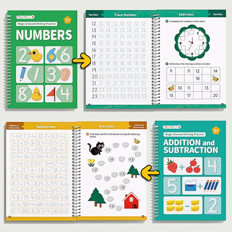 Cuadernos Mágicos Reutilizables 6 en 1 – Escritura, Inglés y Matemáticas para Niños | CRIATIVAE