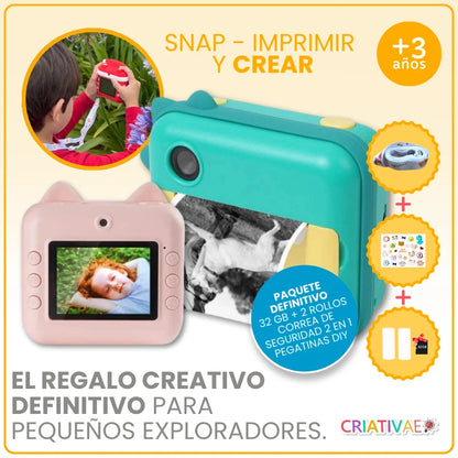 Cámara Instantánea para Niños Video 1080P HD, Pantalla 2.4" y Tarjeta 32GB | Impresión Térmica Sin Tinta (Mega Kit) | CRIATIVAE