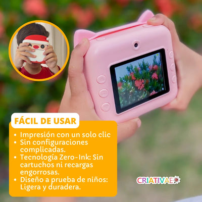 Cámara Instantánea para Niños Video 1080P HD, Pantalla 2.4" y Tarjeta 32GB | Impresión Térmica Sin Tinta (Mega Kit) | CRIATIVAE foto 2