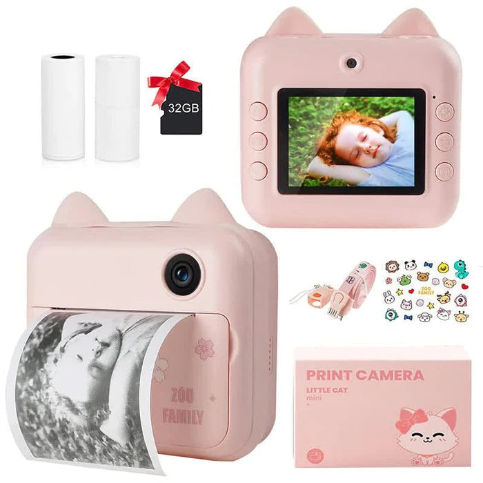Cámara Instantánea para Niños Video 1080P HD, Pantalla 2.4" y Tarjeta 32GB | Impresión Térmica Sin Tinta (Mega Kit) | CRIATIVAE Gato