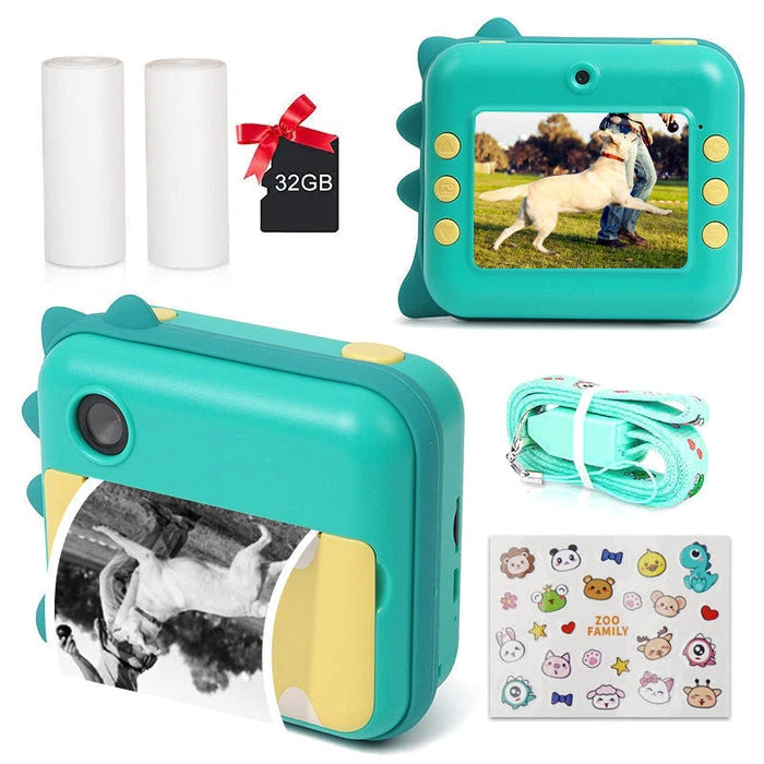 Cámara Instantánea para Niños Video 1080P HD, Pantalla 2.4" y Tarjeta 32GB | Impresión Térmica Sin Tinta (Mega Kit) | CRIATIVAE Dinosaurio