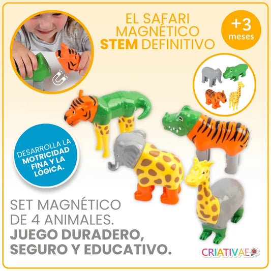 Bloques Magnéticos 3D de Animales – Juguete STEM Educativo de 12 Piezas para Niños: Elefante, Jirafa, Tigre y Cocodrilo | CRIATIVAE