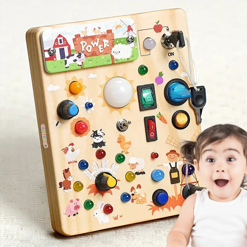 Panel de Actividades Montessori con Luces LED y Tema de Granja – Juguete Educativo de Madera