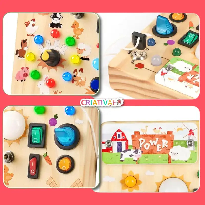 Panel de Actividades Montessori con Luces LED y Tema de Granja – Juguete Educativo de Madera