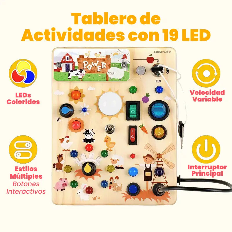 Panel de Actividades Montessori con Luces LED y Tema de Granja – Juguete Educativo de Madera