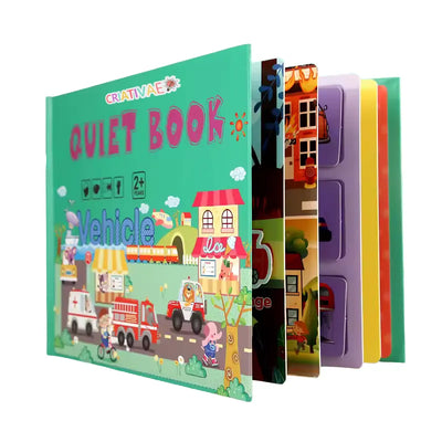 Kit de 4 Libros Didácticos de Cartón para Niños | Actividades Interactivas con Velcro | Estimulación Temprana y Habilidades Cognitivas (+2 Años) | CRIATIVAE Vehículos