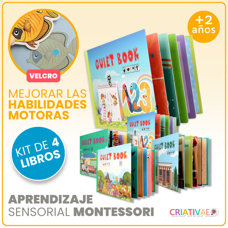 Kit de 4 Libros Didácticos de Cartón para Niños | Actividades Interactivas con Velcro | Estimulación Temprana y Habilidades Cognitivas (+2 Años) | CRIATIVAE