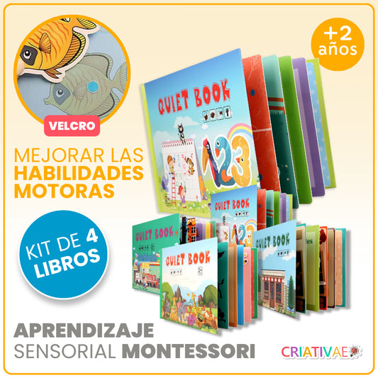 Kit de 4 Libros Didácticos de Cartón para Niños | Actividades Interactivas con Velcro | Estimulación Temprana y Habilidades Cognitivas (+2 Años) | CRIATIVAE