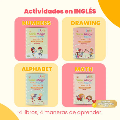 Kit de 4 Cuadernos Mágicos Reutilizables de Caligrafía para Niños con Alfabeto, Números, Matemáticas y Dibujo Inglés
