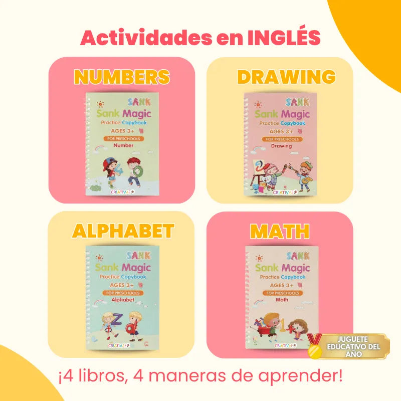 Kit de 4 Cuadernos Mágicos Reutilizables de Caligrafía para Niños con Alfabeto, Números, Matemáticas y Dibujo Inglés