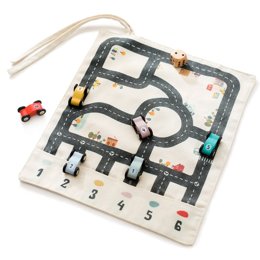 Versatile Dual-Sided Roll-Up Canvas Playmat con De madera Cars y Adventure Game