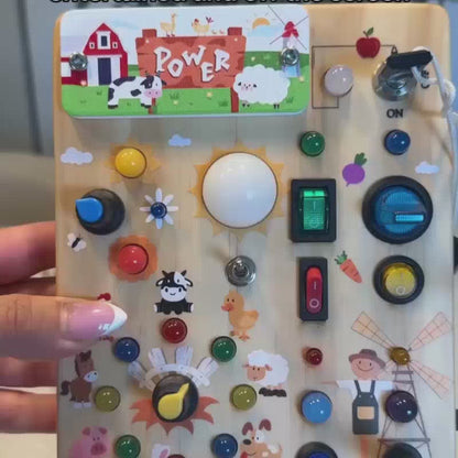 Panel de Actividades Montessori con Luces LED y Tema de Granja – Juguete Educativo de Madera