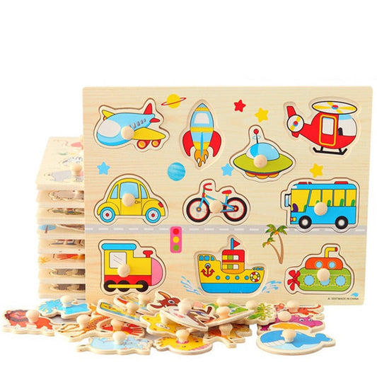 Montessori De madera Rompecabezas y Hand Grab Tabla Juego - Educativo Cartoon Vehículo y Marine Animal Juguetes para Babies - Perfect Regalo para Niños